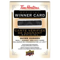 2021-22 Tim Hortons Quinn Hughes Jersey Relic Redemption Official Winner Card